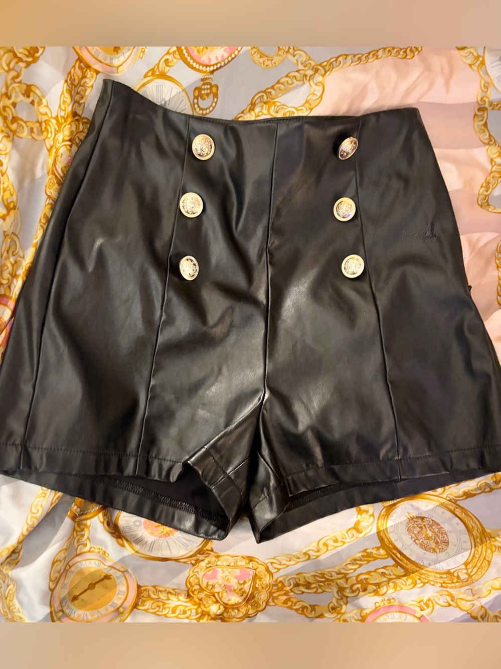 Black Faux Leather High-Waist Shorts with Gold Buttons - Size XS